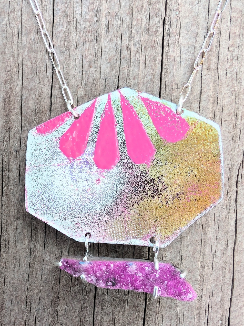Handcrafted Pink and Yellow Statement Pendant Necklace 925